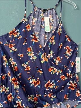 Navy Floral Sleeveless Wrap Tank